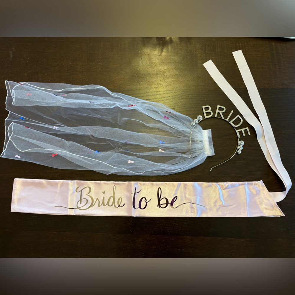 Bridal sash, mini veil, and tiara
